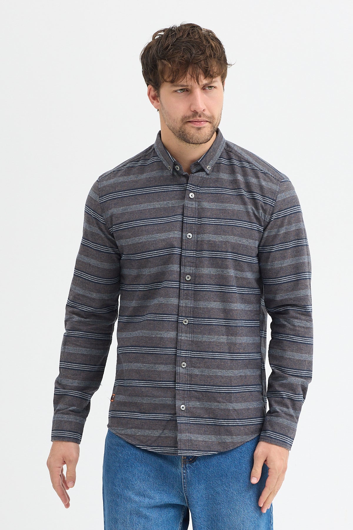 Regular Fit Pamuk Karışımlı Melanj Yatay Çizgili Düğmeli Yaka Gömlek