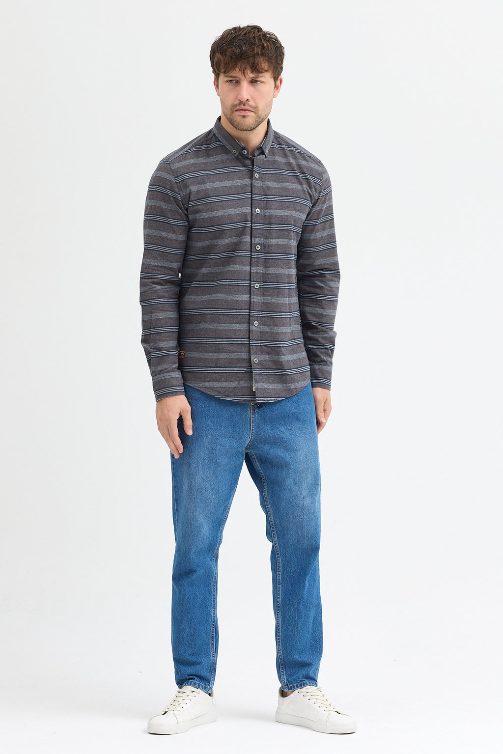 Regular Fit Pamuk Karışımlı Melanj Yatay Çizgili Düğmeli Yaka Gömlek