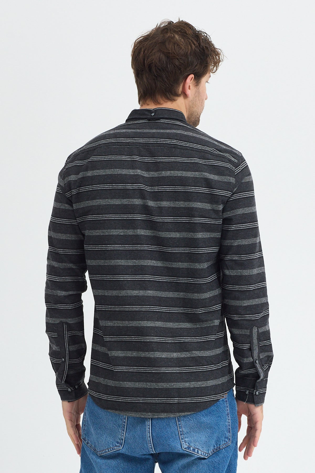 Regular Fit Pamuk Karışımlı Melanj Yatay Çizgili Düğmeli Yaka Gömlek