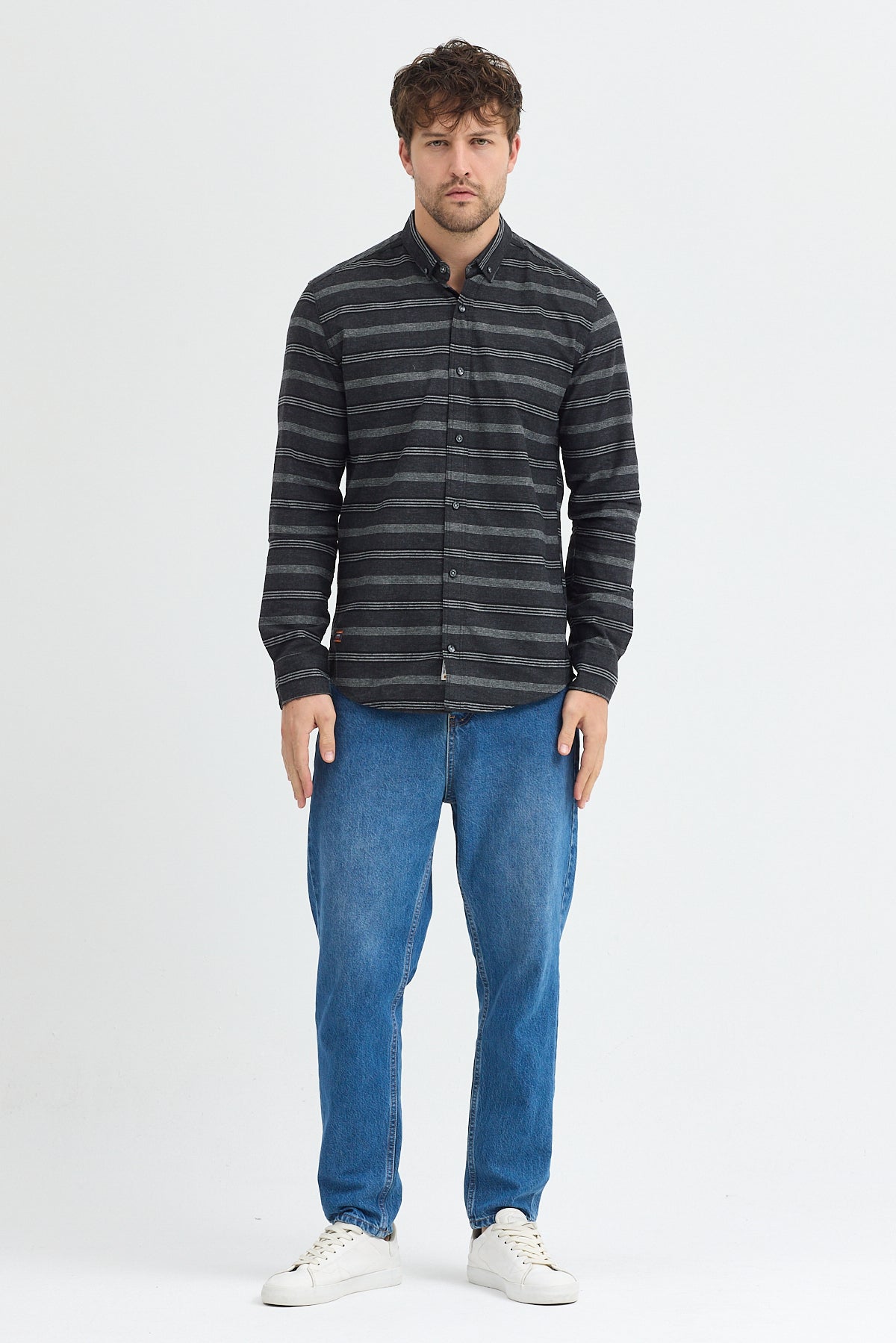 Regular Fit Pamuk Karışımlı Melanj Yatay Çizgili Düğmeli Yaka Gömlek