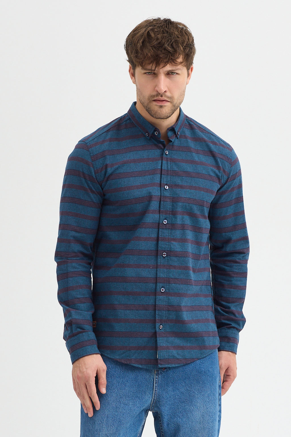 Regular Fit Pamuk Karışımlı Melanj Yatay Çizgili Düğmeli Yaka Gömlek