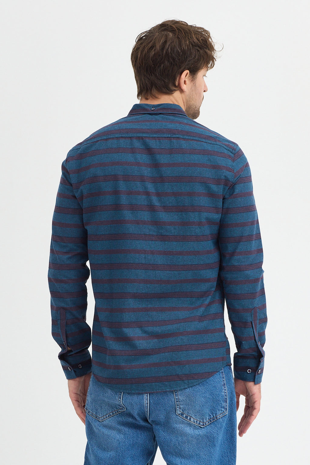 Regular Fit Pamuk Karışımlı Melanj Yatay Çizgili Düğmeli Yaka Gömlek