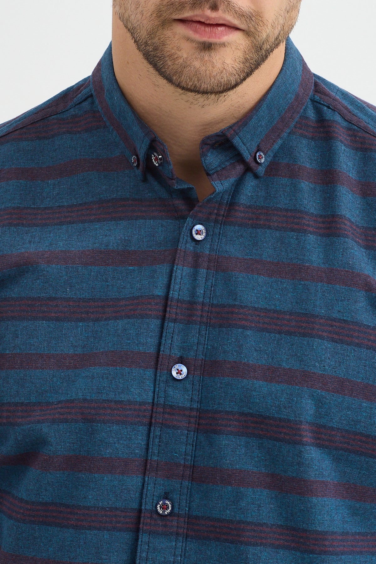 Regular Fit Pamuk Karışımlı Melanj Yatay Çizgili Düğmeli Yaka Gömlek