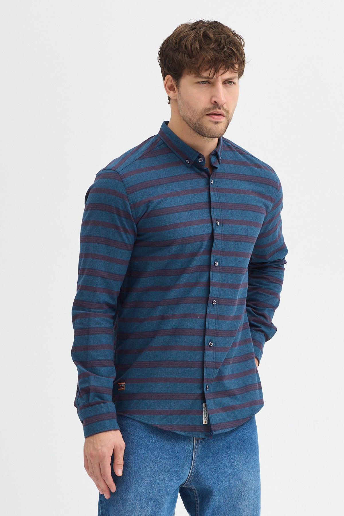 Regular Fit Pamuk Karışımlı Melanj Yatay Çizgili Düğmeli Yaka Gömlek