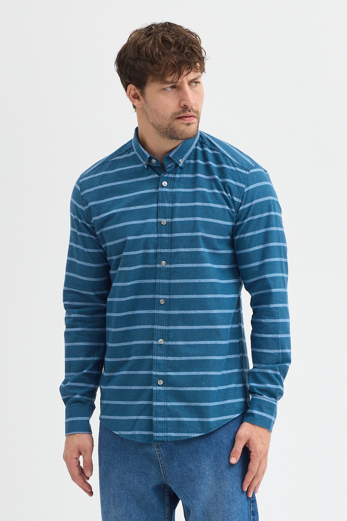Kaşmir Karışımlı Dikey Çizgili Regular Fit Uzun Kollu Erkek Gömlek