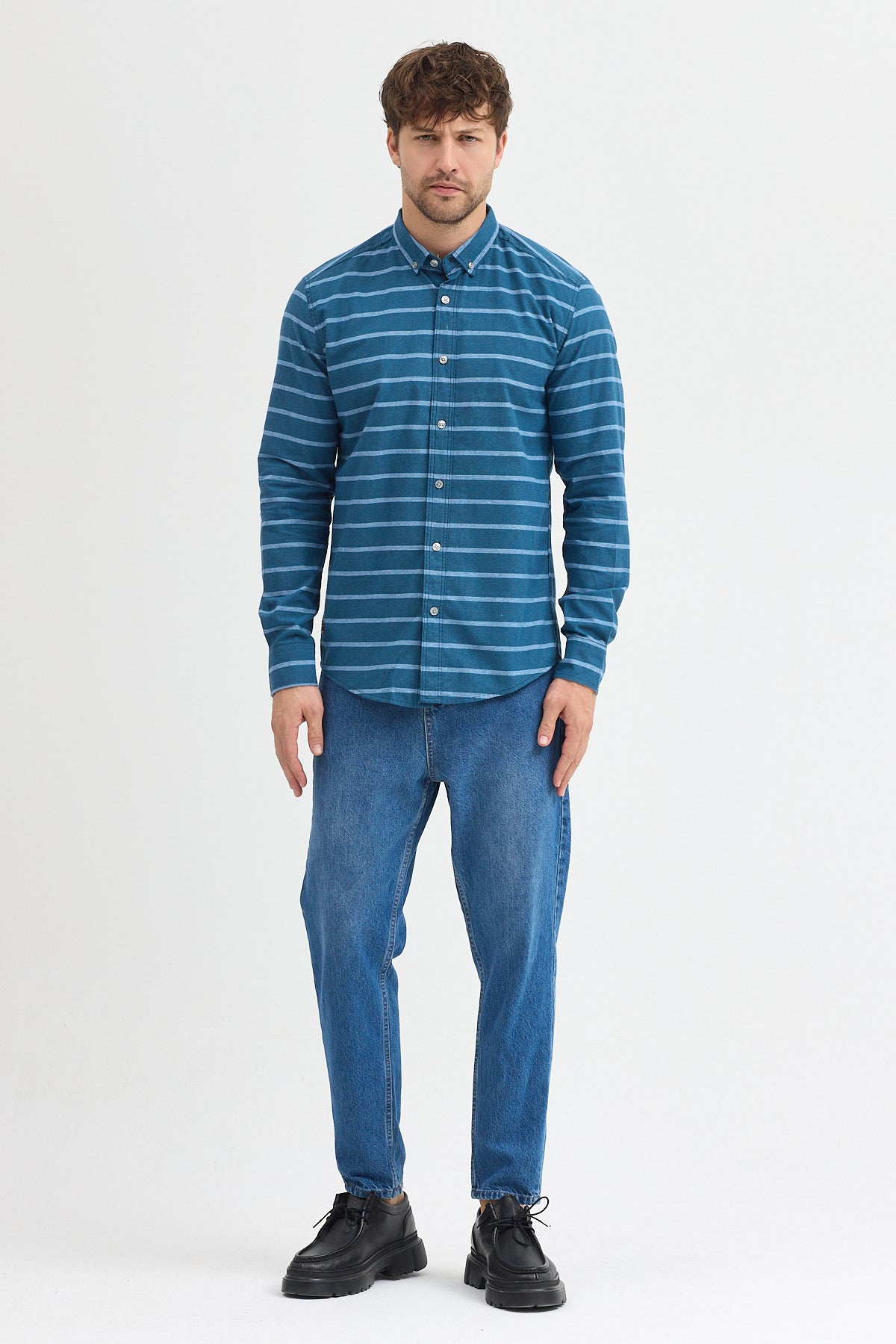 Kaşmir Karışımlı Dikey Çizgili Regular Fit Uzun Kollu Erkek Gömlek