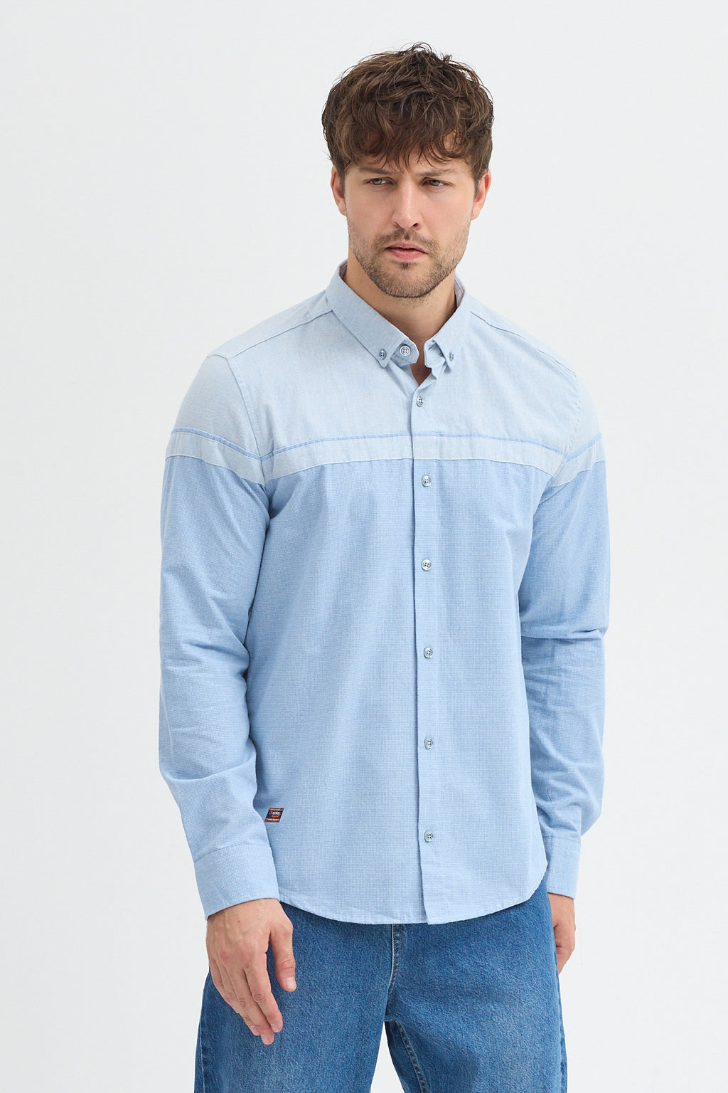 Premium Slim Fit Yün Karışımlı Kontrast Parçalı Uzun Kollu Gömlek