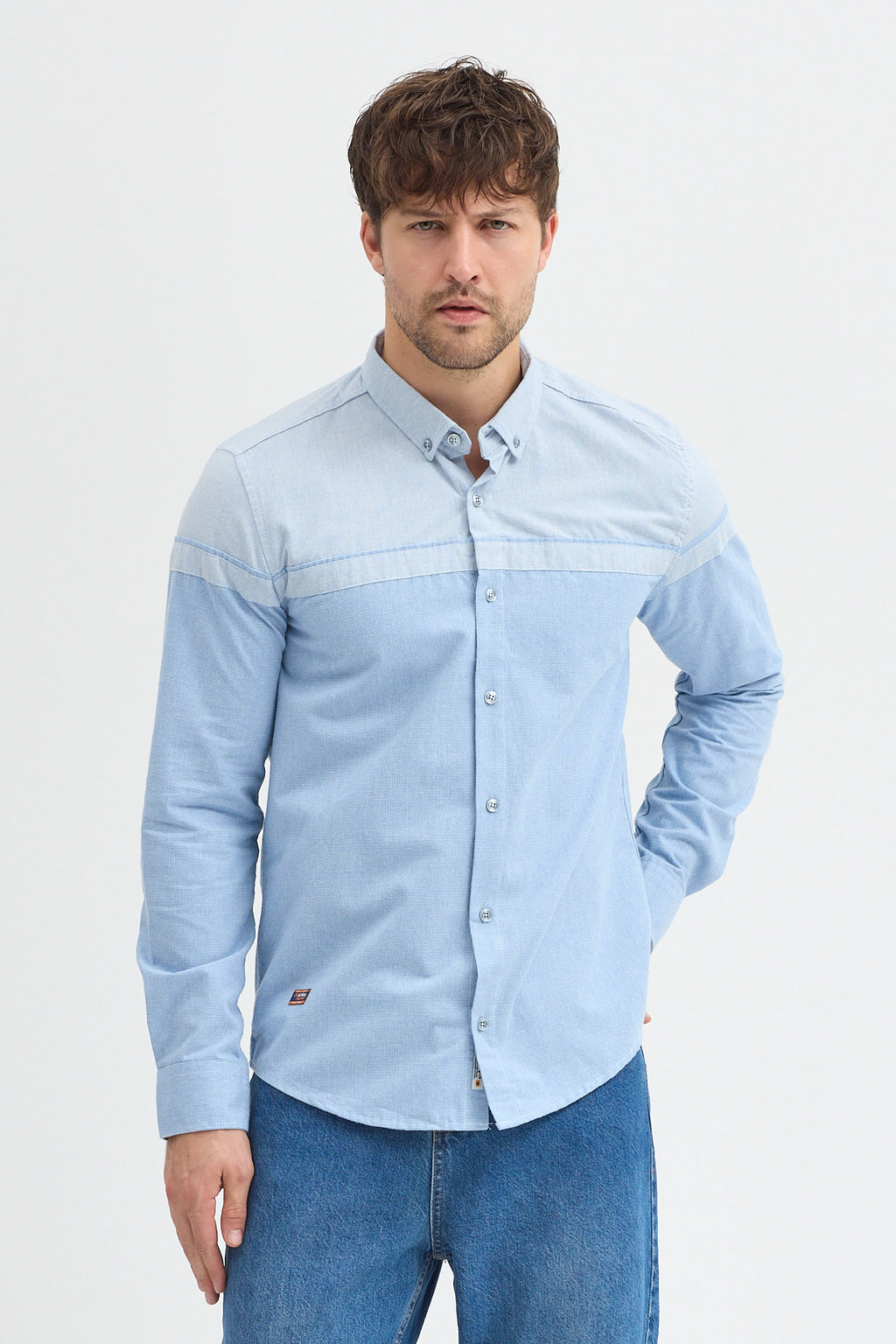 Premium Slim Fit Yün Karışımlı Kontrast Parçalı Uzun Kollu Gömlek