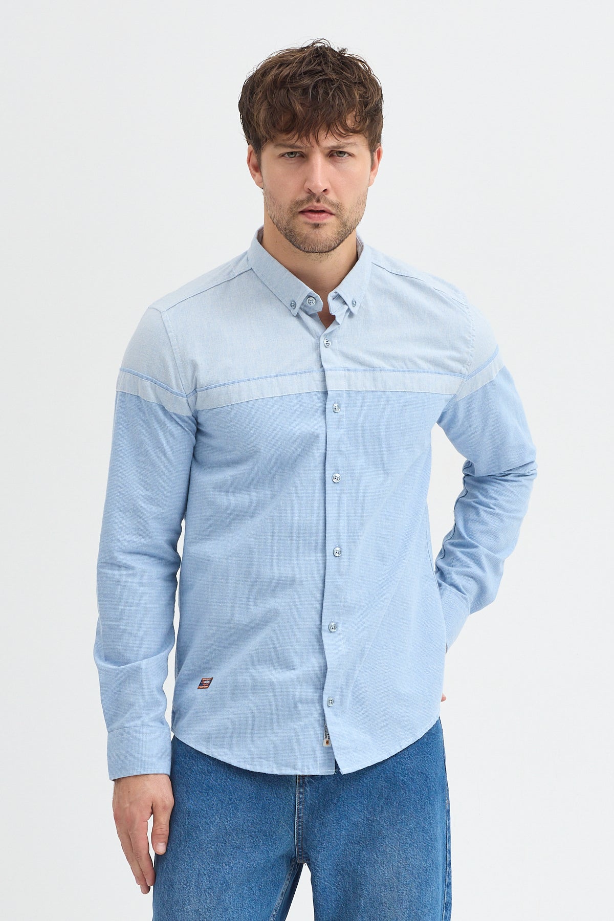 Premium Slim Fit Yün Karışımlı Kontrast Parçalı Uzun Kollu Gömlek