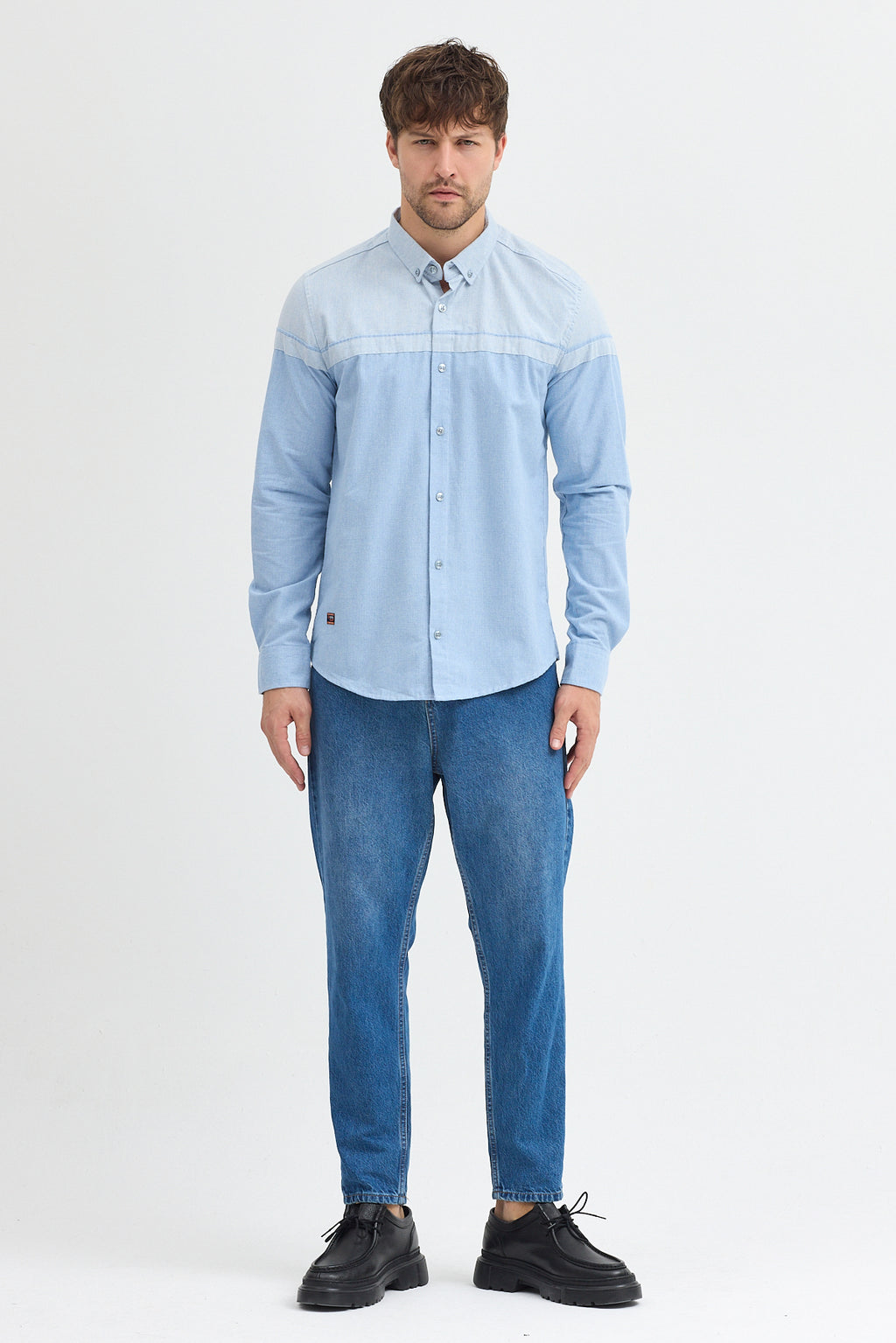 Premium Slim Fit Yün Karışımlı Kontrast Parçalı Uzun Kollu Gömlek