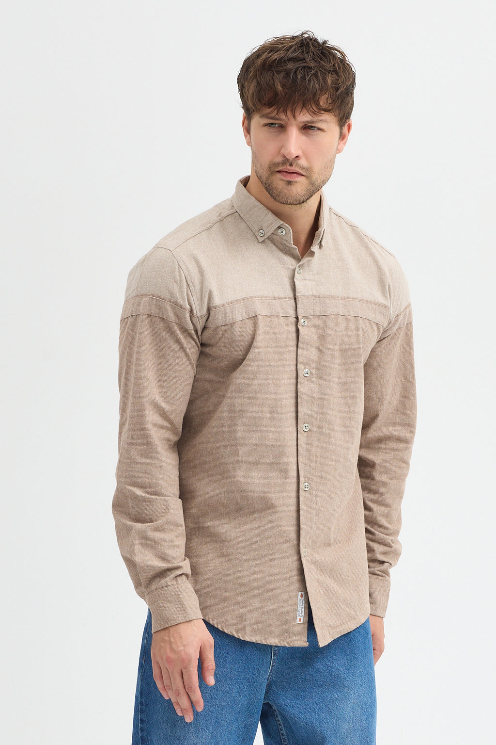 Premium Slim Fit Yün Karışımlı Kontrast Parçalı Uzun Kollu Gömlek