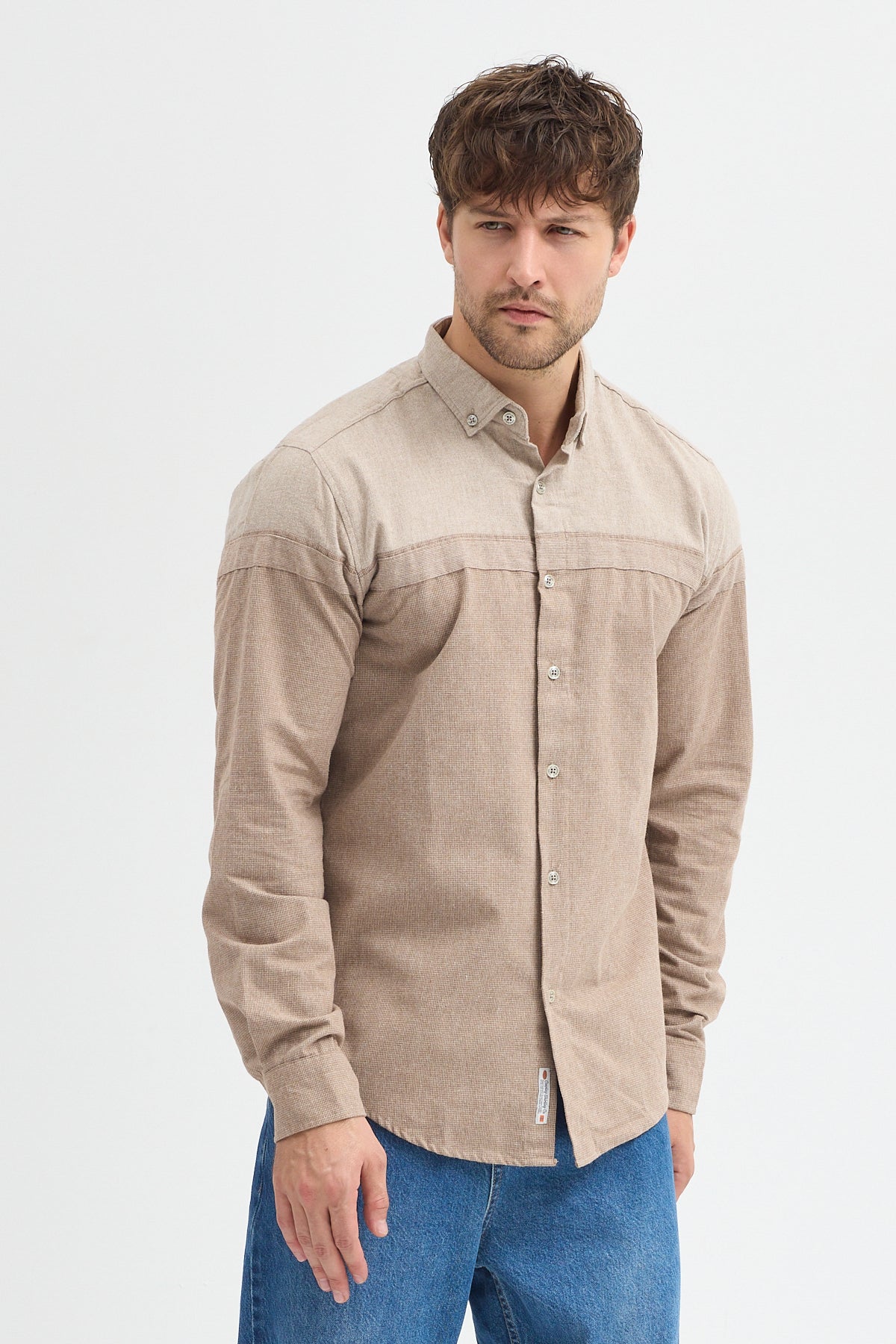 Premium Slim Fit Yün Karışımlı Kontrast Parçalı Uzun Kollu Gömlek