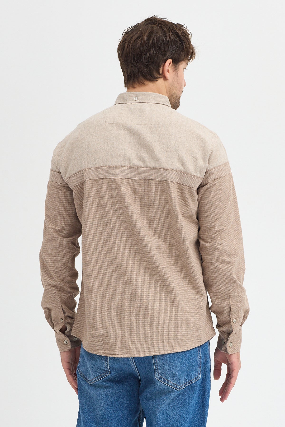 Premium Slim Fit Yün Karışımlı Kontrast Parçalı Uzun Kollu Gömlek