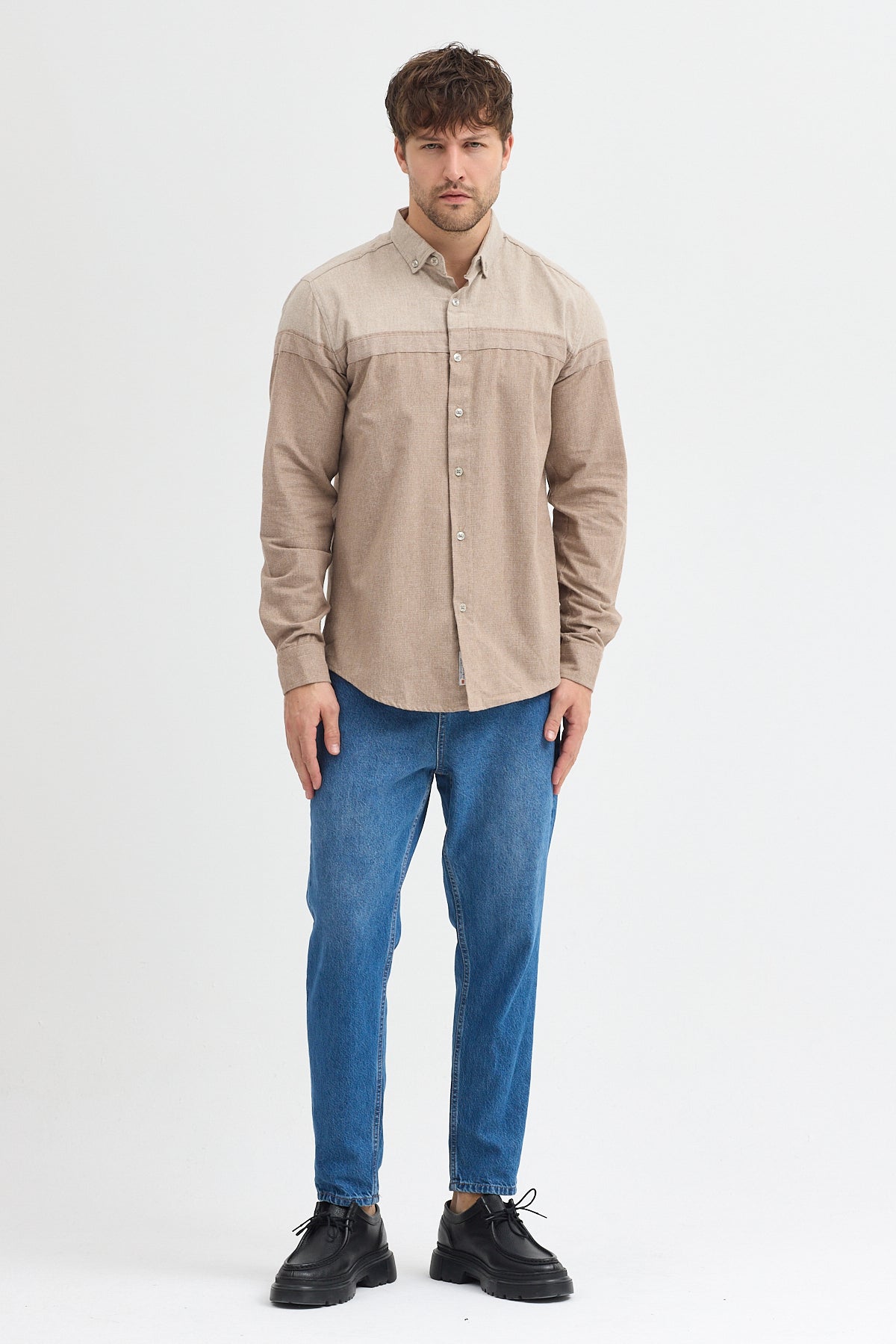 Premium Slim Fit Yün Karışımlı Kontrast Parçalı Uzun Kollu Gömlek