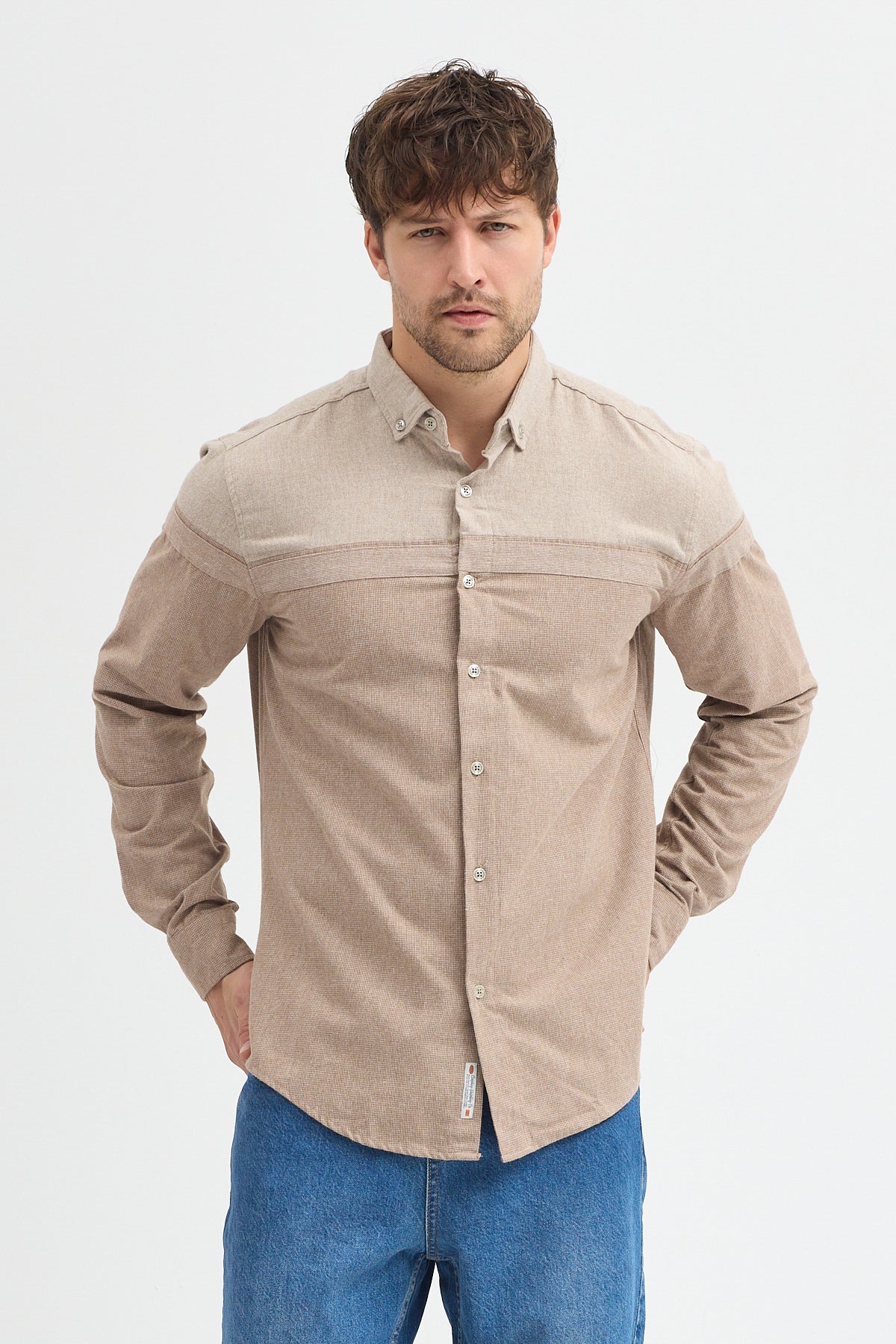 Premium Slim Fit Yün Karışımlı Kontrast Parçalı Uzun Kollu Gömlek