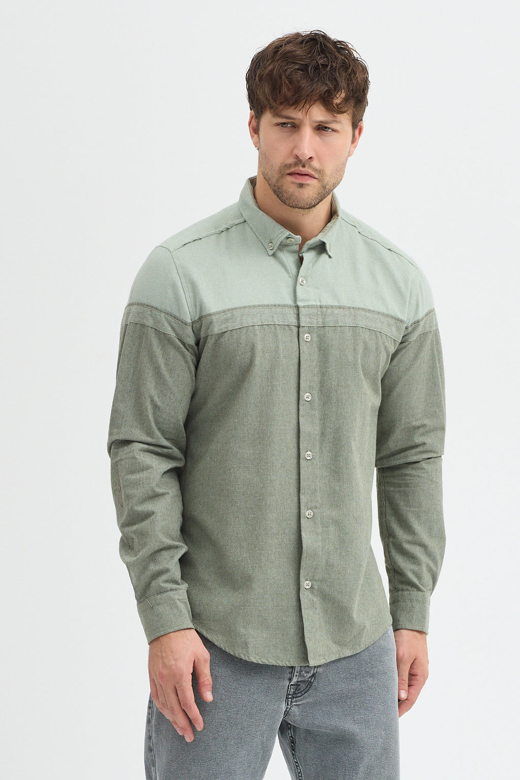 Premium Slim Fit Yün Karışımlı Kontrast Parçalı Uzun Kollu Gömlek