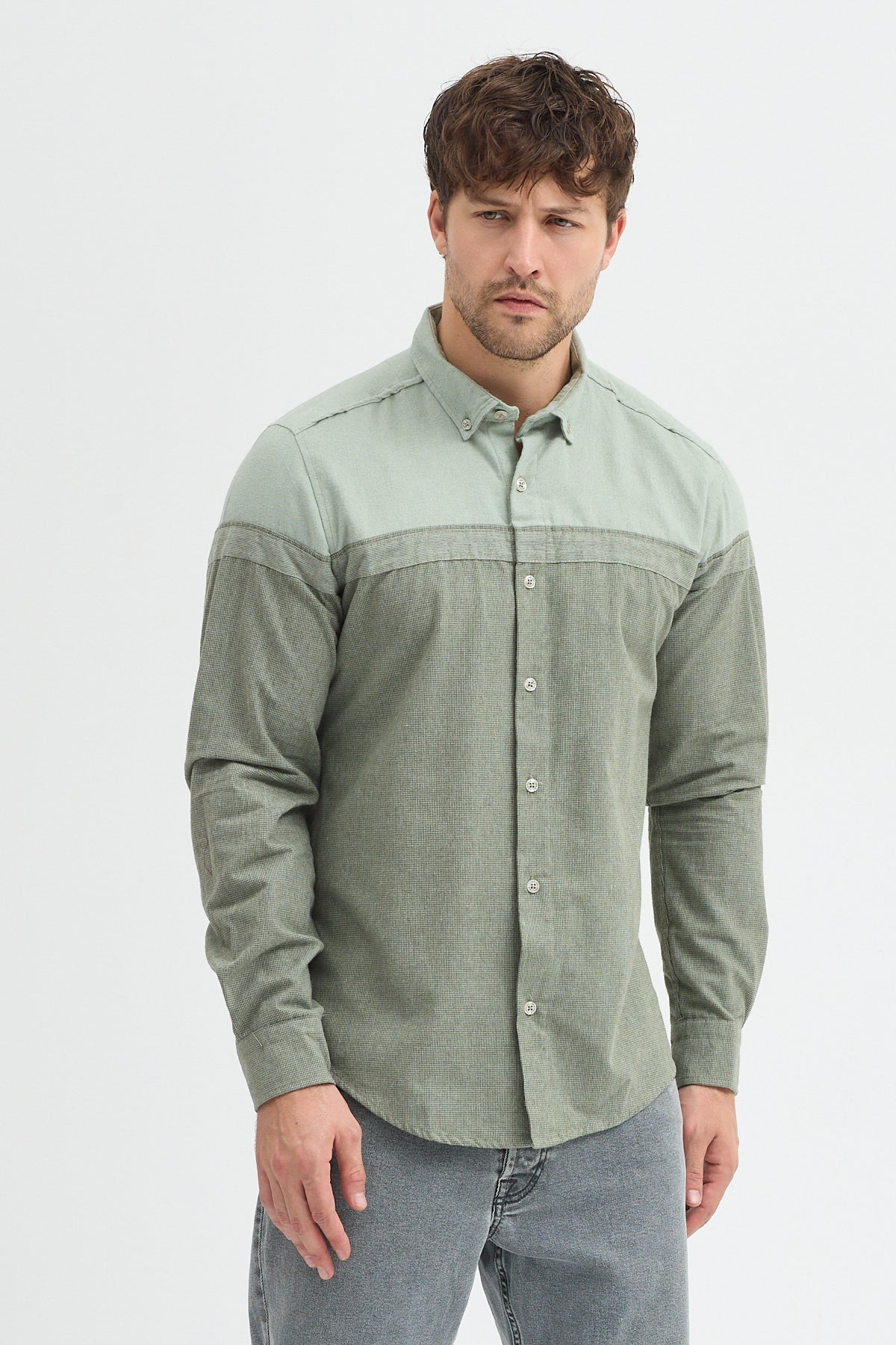 Premium Slim Fit Yün Karışımlı Kontrast Parçalı Uzun Kollu Gömlek