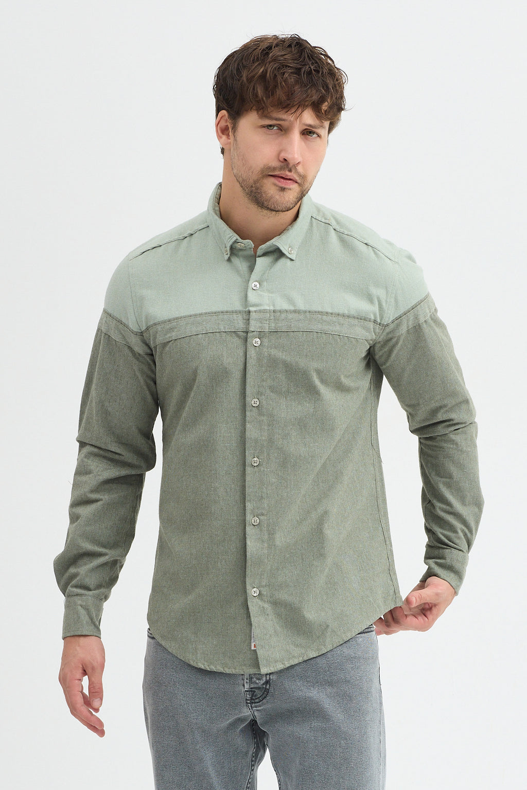 Premium Slim Fit Yün Karışımlı Kontrast Parçalı Uzun Kollu Gömlek