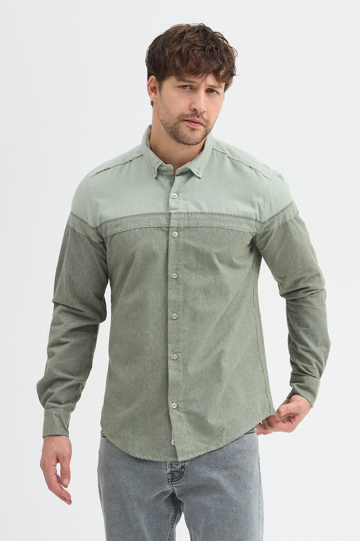 Premium Slim Fit Yün Karışımlı Kontrast Parçalı Uzun Kollu Gömlek