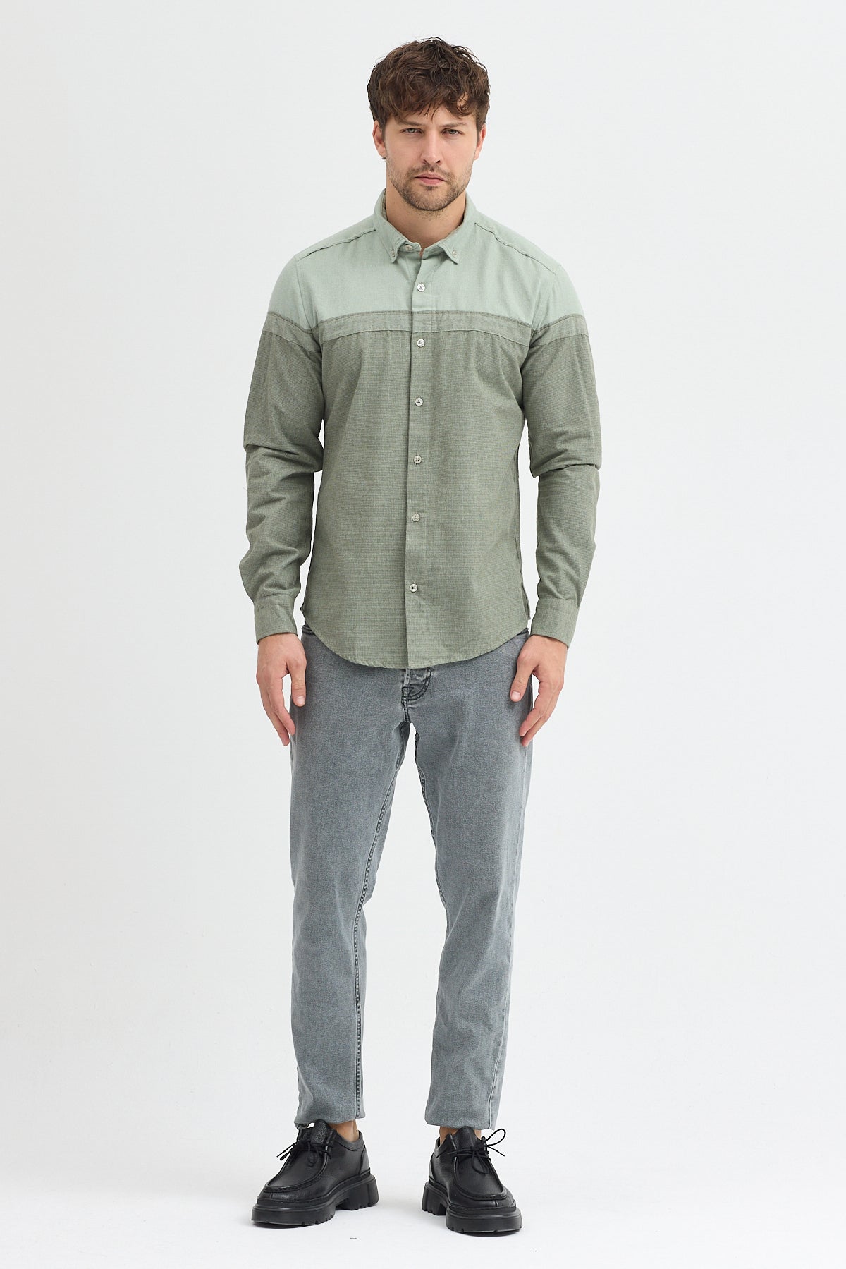 Premium Slim Fit Yün Karışımlı Kontrast Parçalı Uzun Kollu Gömlek