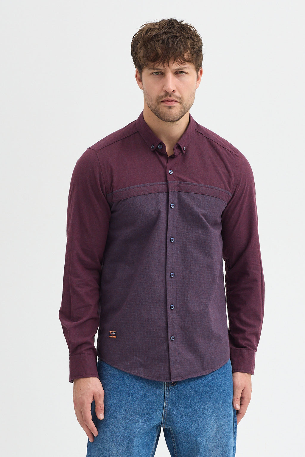 Premium Slim Fit Yün Karışımlı Kontrast Parçalı Uzun Kollu Gömlek