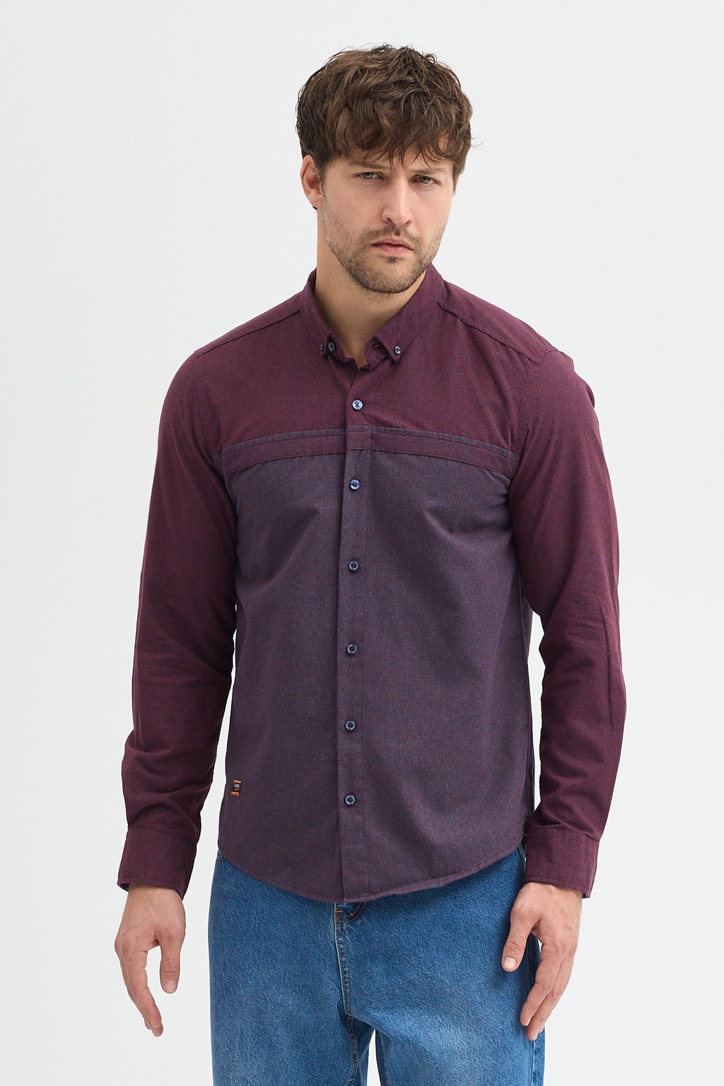 Premium Slim Fit Yün Karışımlı Kontrast Parçalı Uzun Kollu Gömlek