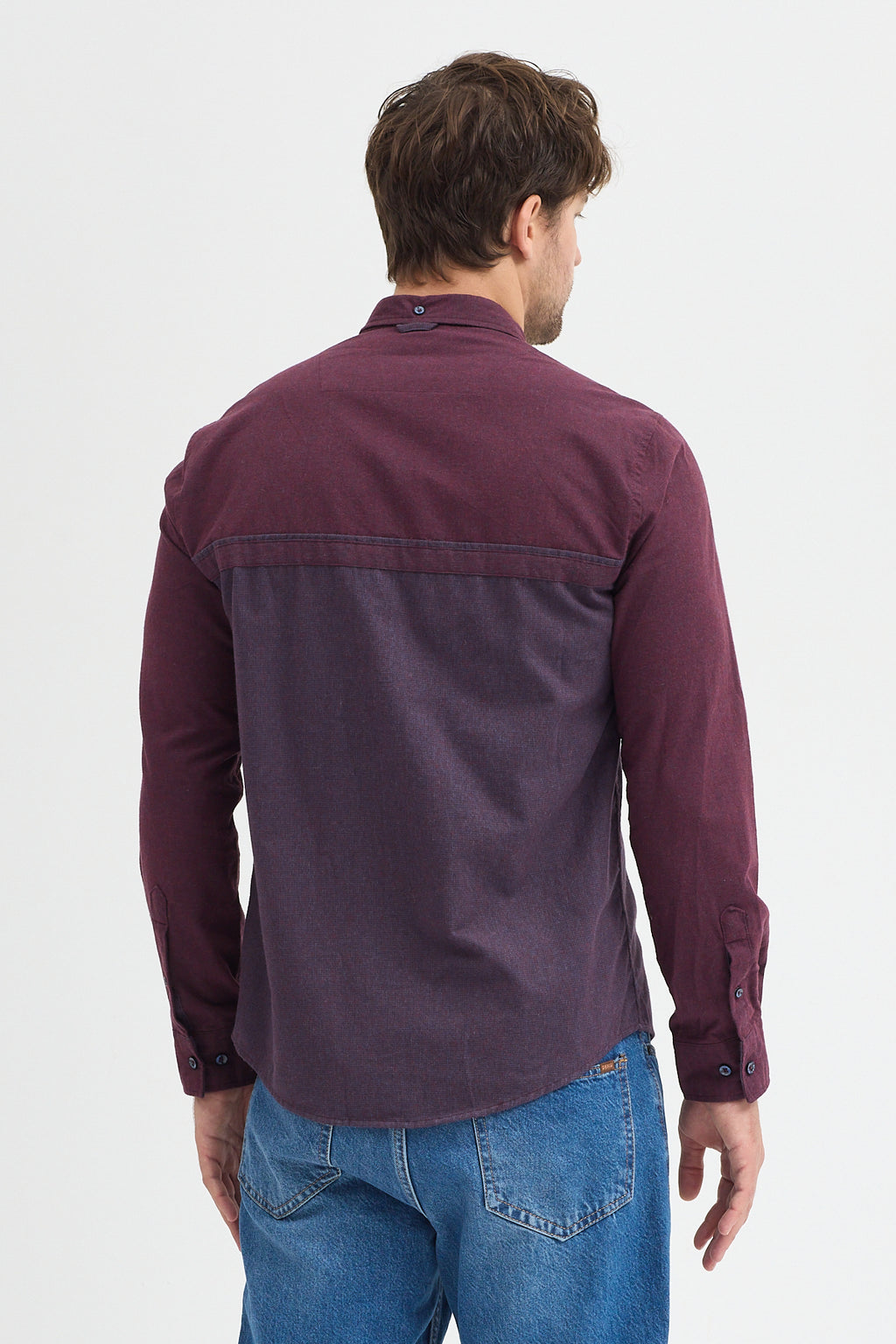 Premium Slim Fit Yün Karışımlı Kontrast Parçalı Uzun Kollu Gömlek