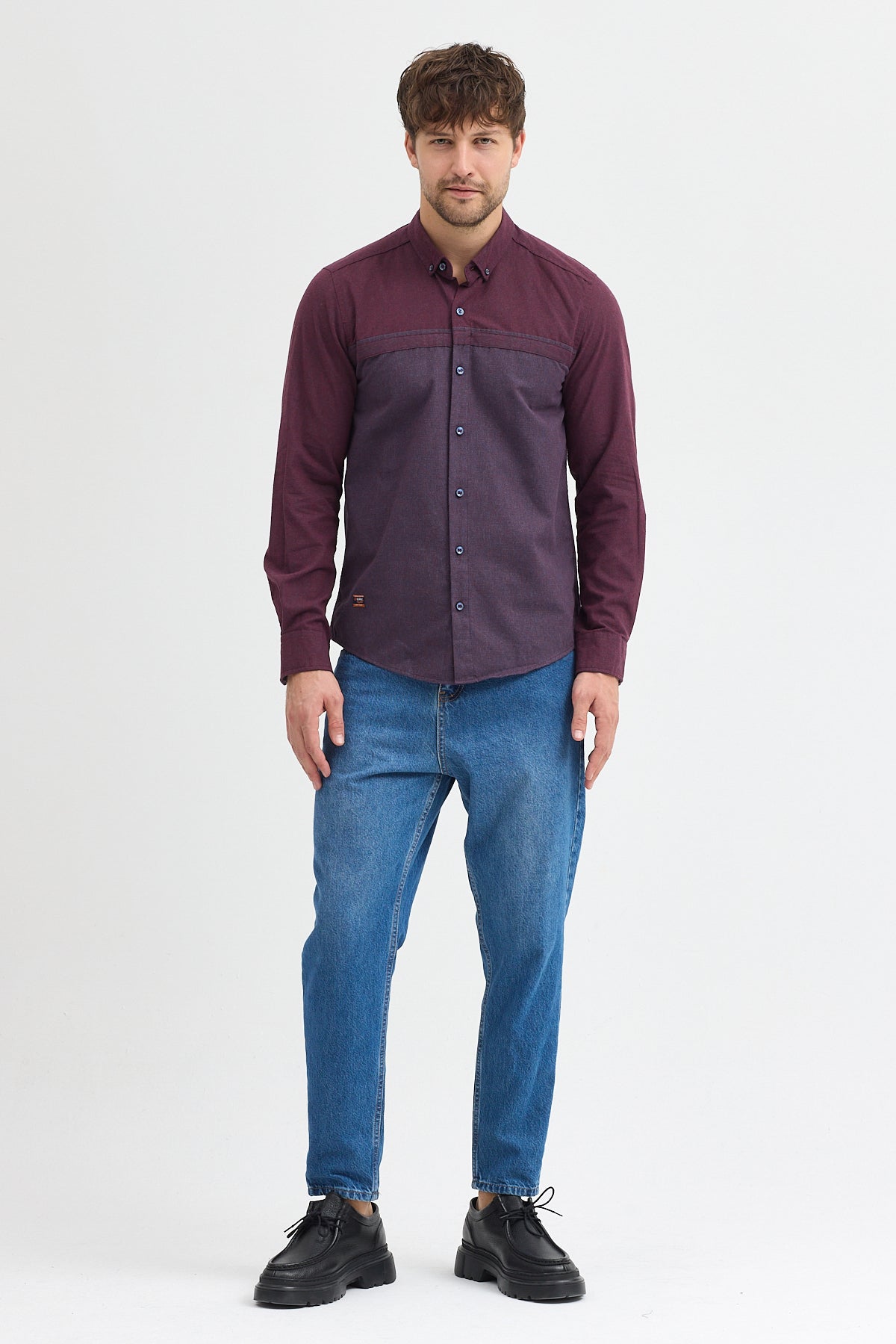 Premium Slim Fit Yün Karışımlı Kontrast Parçalı Uzun Kollu Gömlek