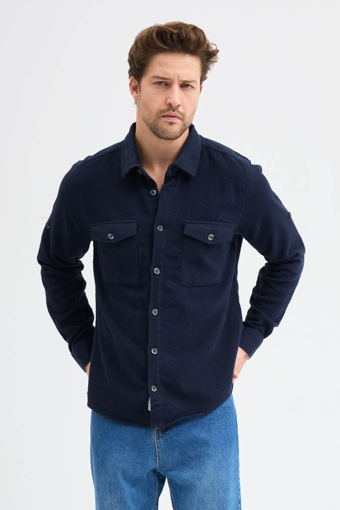 Erkek Rahat Kesim Spor Yaka Oduncu Flanel Çift Cep Kapaklı Kışlık Gömlek