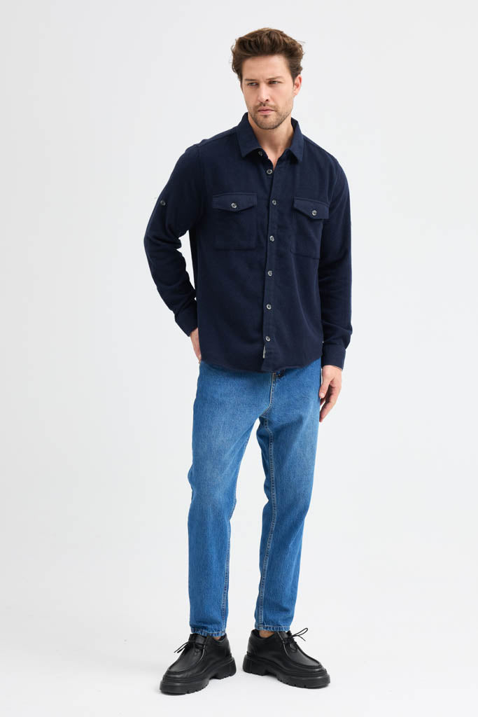 Erkek Rahat Kesim Spor Yaka Oduncu Flanel Çift Cep Kapaklı Kışlık Gömlek