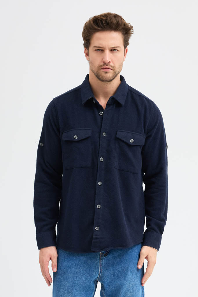 Erkek Rahat Kesim Spor Yaka Oduncu Flanel Çift Cep Kapaklı Kışlık Gömlek