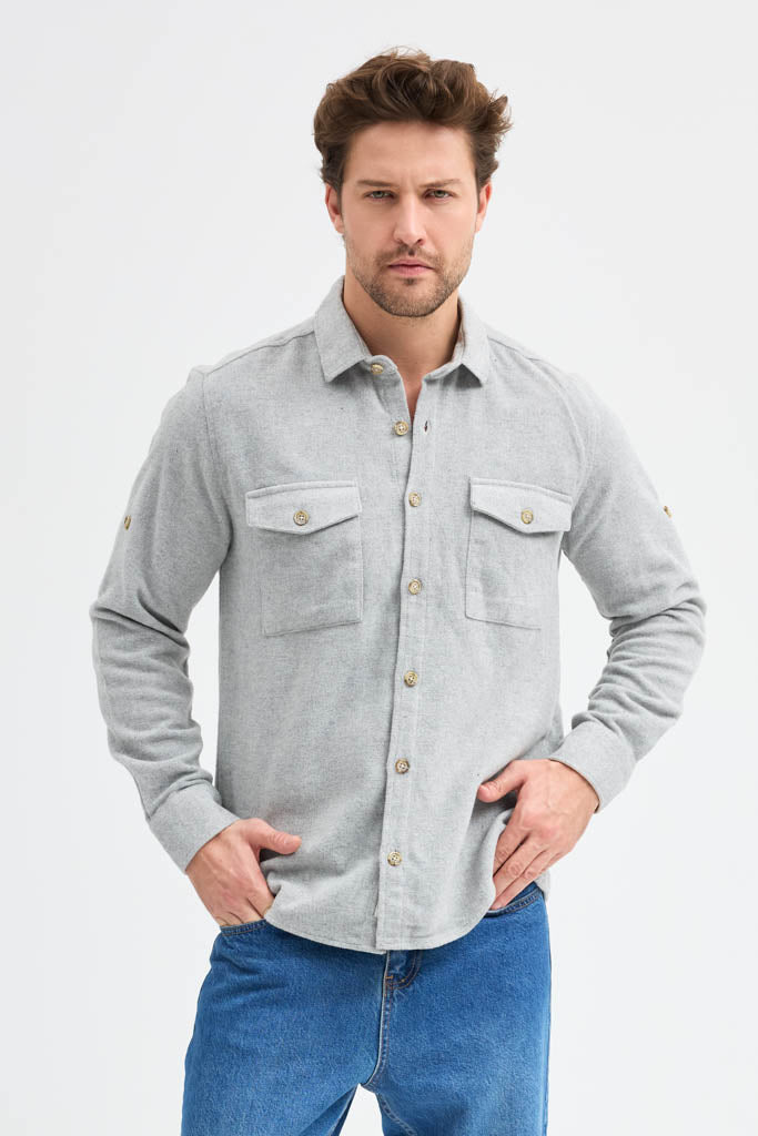 Erkek Rahat Kesim Spor Yaka Oduncu Flanel Çift Cep Kapaklı Kışlık Gömlek