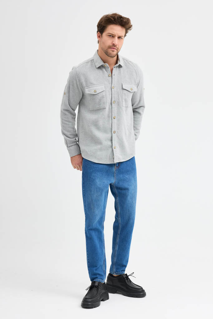 Erkek Rahat Kesim Spor Yaka Oduncu Flanel Çift Cep Kapaklı Kışlık Gömlek