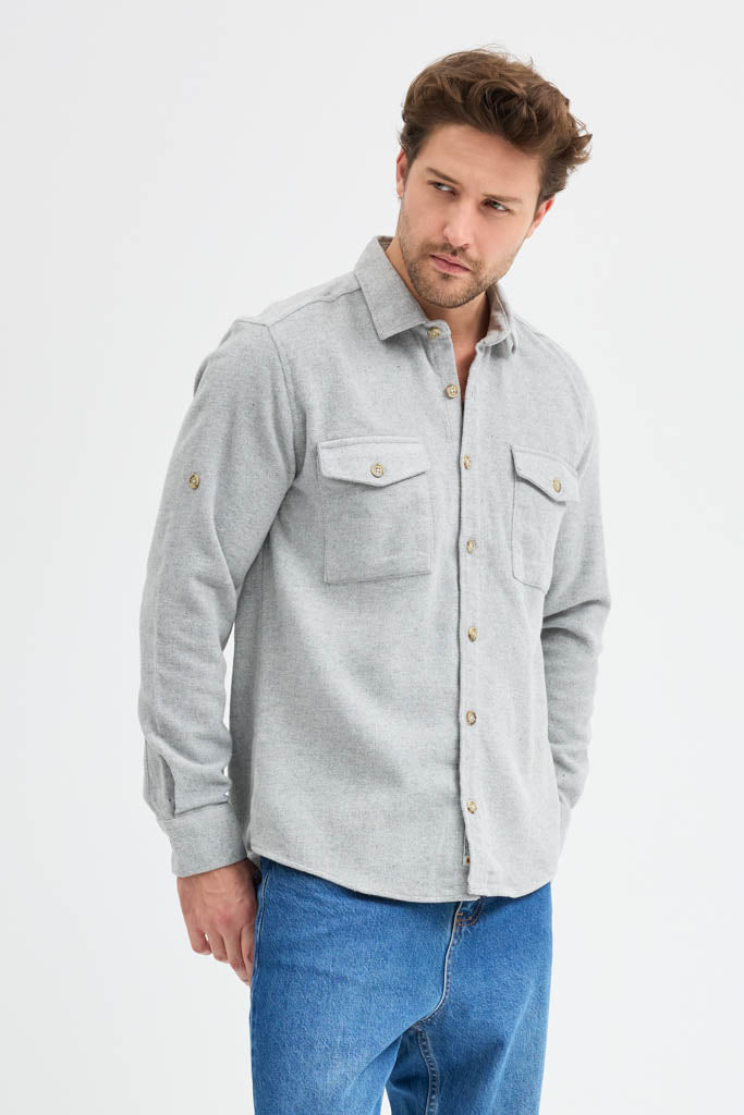 Erkek Rahat Kesim Spor Yaka Oduncu Flanel Çift Cep Kapaklı Kışlık Gömlek