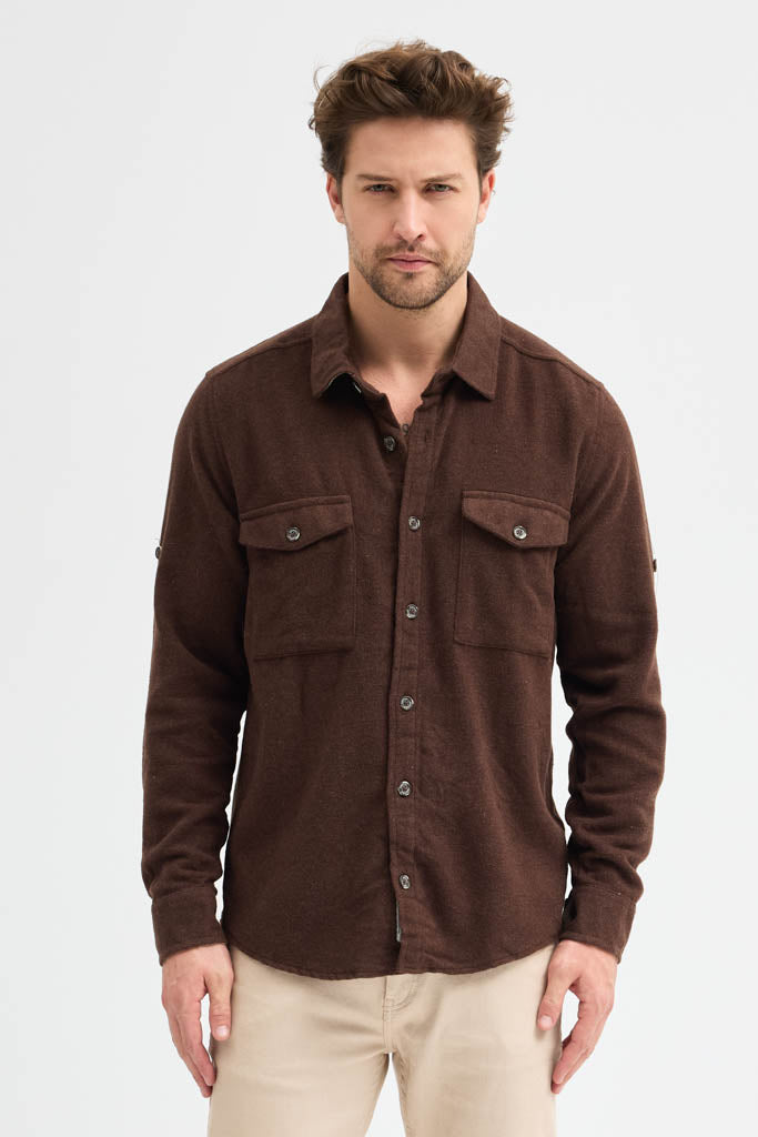 Erkek Rahat Kesim Spor Yaka Oduncu Flanel Çift Cep Kapaklı Kışlık Gömlek