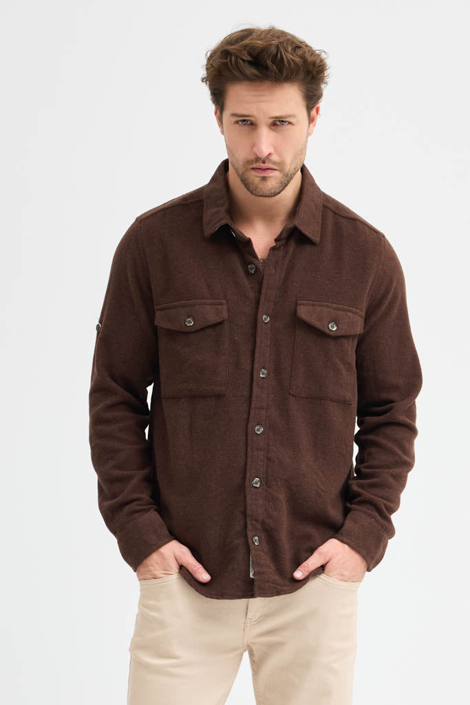Erkek Rahat Kesim Spor Yaka Oduncu Flanel Çift Cep Kapaklı Kışlık Gömlek