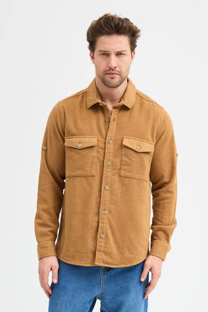 Erkek Rahat Kesim Spor Yaka Oduncu Flanel Çift Cep Kapaklı Kışlık Gömlek