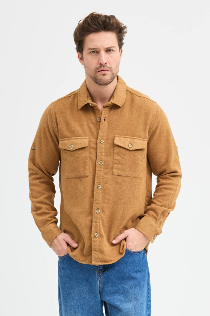 Erkek Rahat Kesim Spor Yaka Oduncu Flanel Çift Cep Kapaklı Kışlık Gömlek