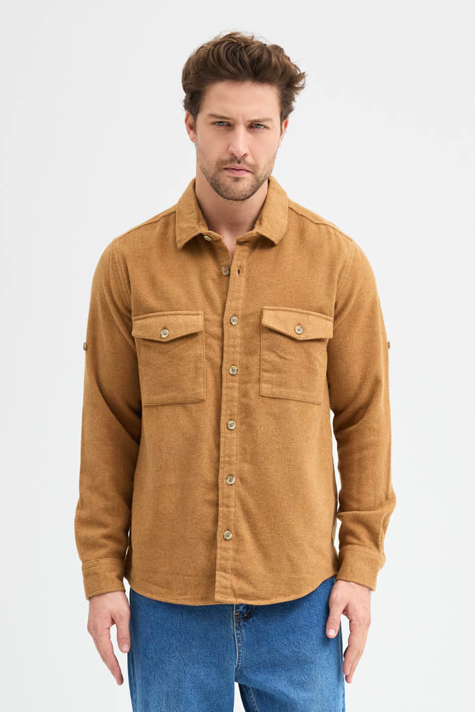 Erkek Rahat Kesim Spor Yaka Oduncu Flanel Çift Cep Kapaklı Kışlık Gömlek