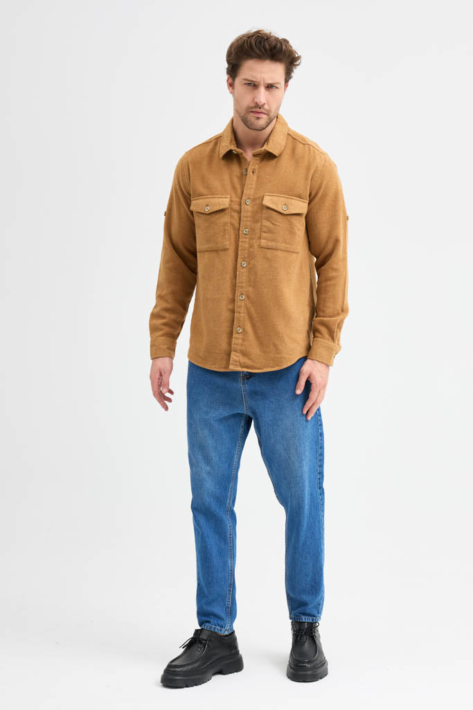 Erkek Rahat Kesim Spor Yaka Oduncu Flanel Çift Cep Kapaklı Kışlık Gömlek