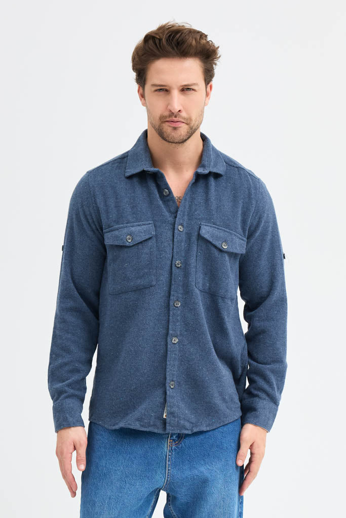 Erkek Rahat Kesim Spor Yaka Oduncu Flanel Çift Cep Kapaklı Kışlık Gömlek