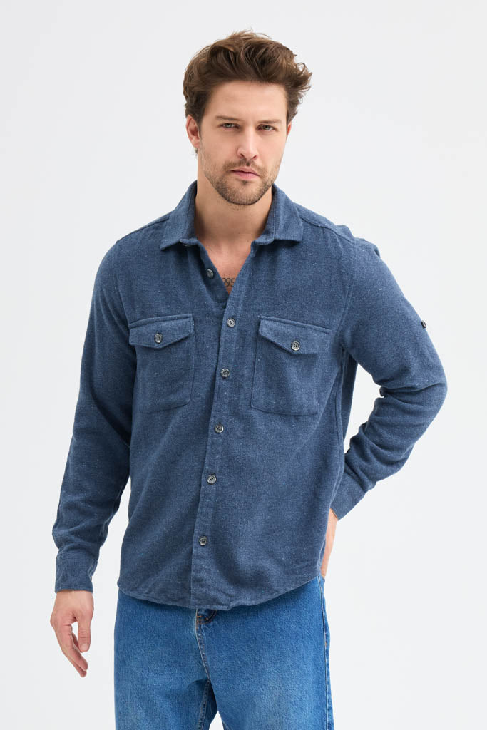 Erkek Rahat Kesim Spor Yaka Oduncu Flanel Çift Cep Kapaklı Kışlık Gömlek