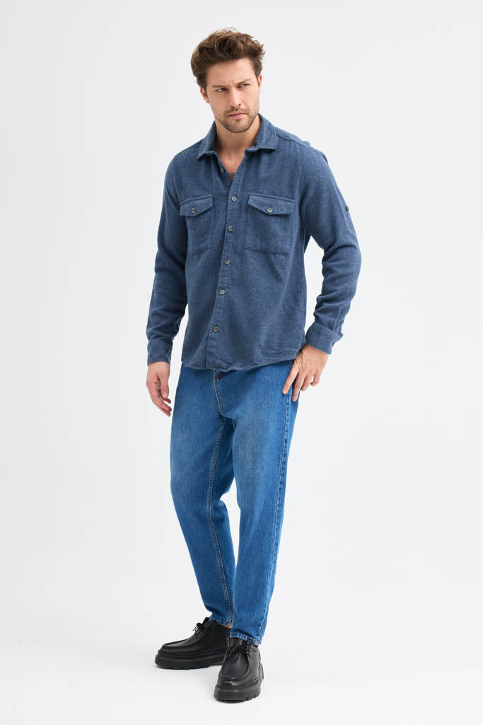 Erkek Rahat Kesim Spor Yaka Oduncu Flanel Çift Cep Kapaklı Kışlık Gömlek