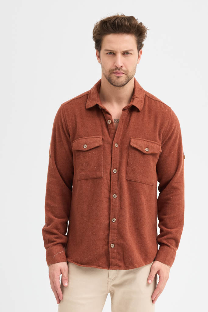 Erkek Rahat Kesim Spor Yaka Oduncu Flanel Çift Cep Kapaklı Kışlık Gömlek