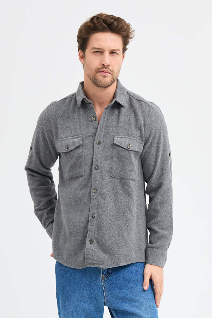 Erkek Rahat Kesim Spor Yaka Oduncu Flanel Çift Cep Kapaklı Kışlık Gömlek