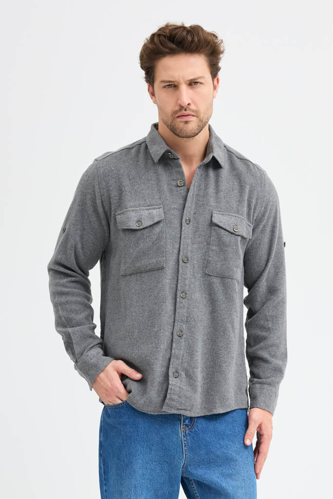 Erkek Rahat Kesim Spor Yaka Oduncu Flanel Çift Cep Kapaklı Kışlık Gömlek