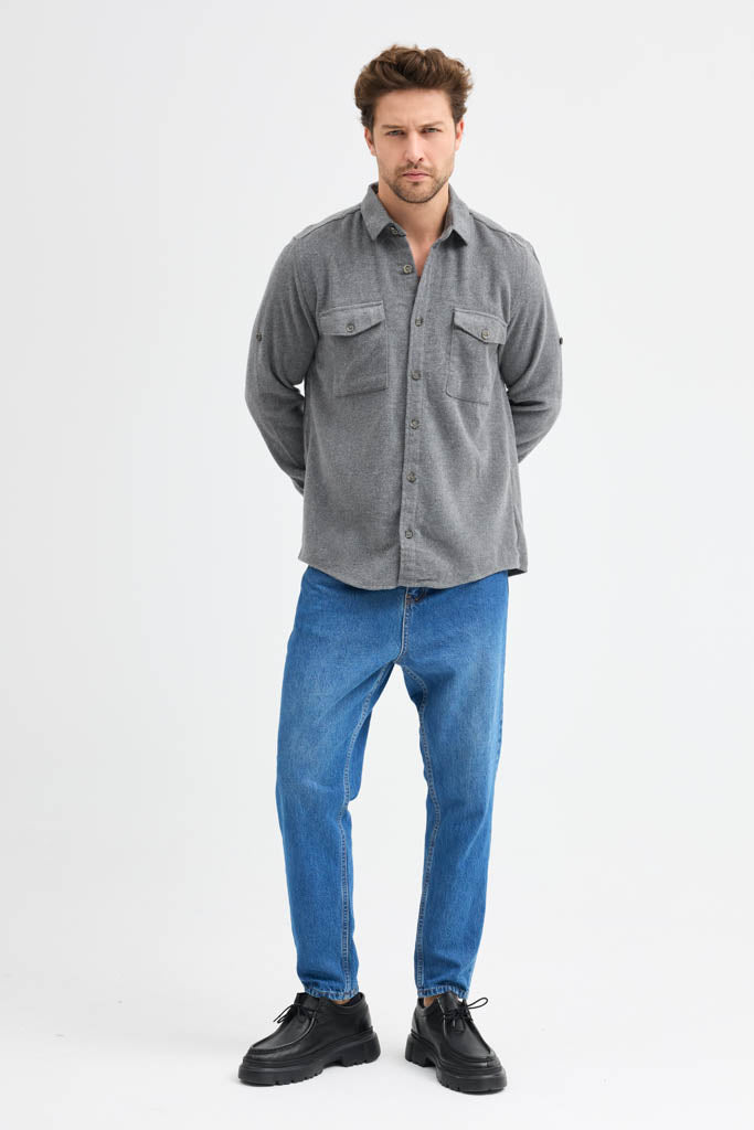 Erkek Rahat Kesim Spor Yaka Oduncu Flanel Çift Cep Kapaklı Kışlık Gömlek
