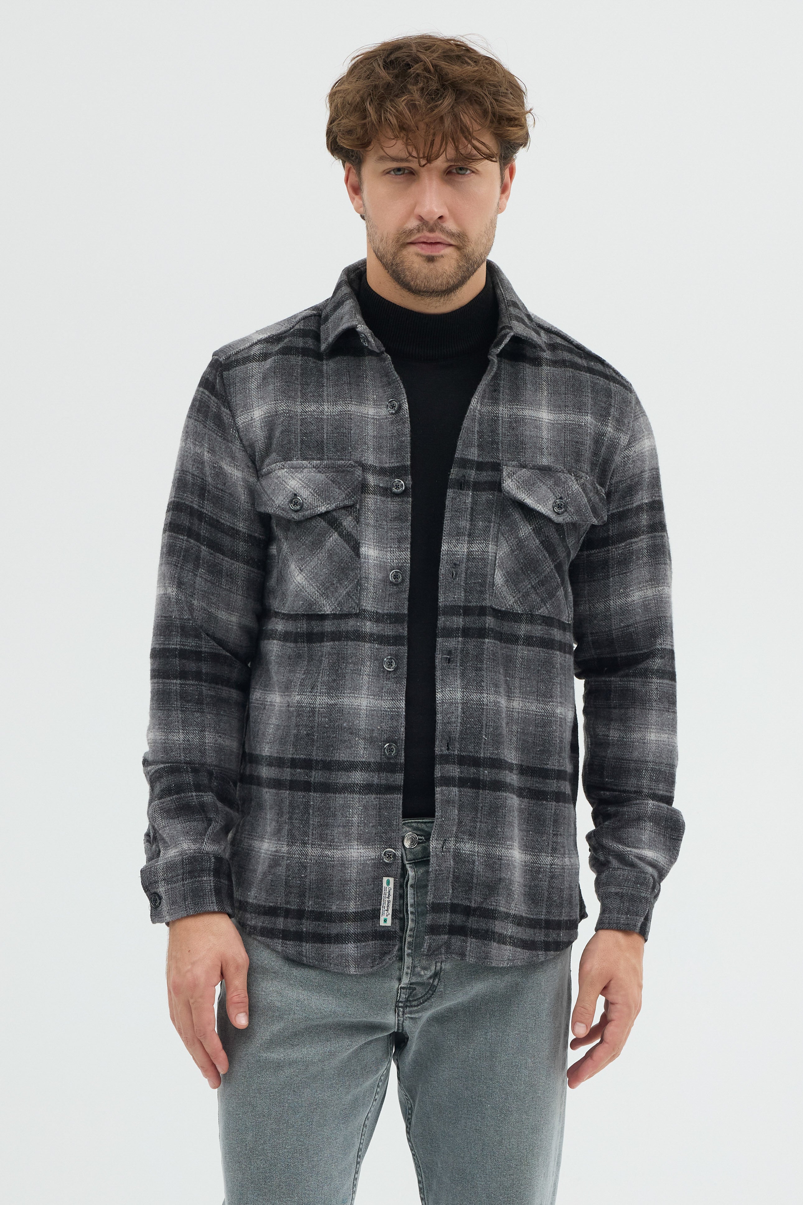 Cosplay Erkek Kalın Flanel Oduncu Kareli Gömlek Ceket Çift Kapaklı Cepli Overshirt