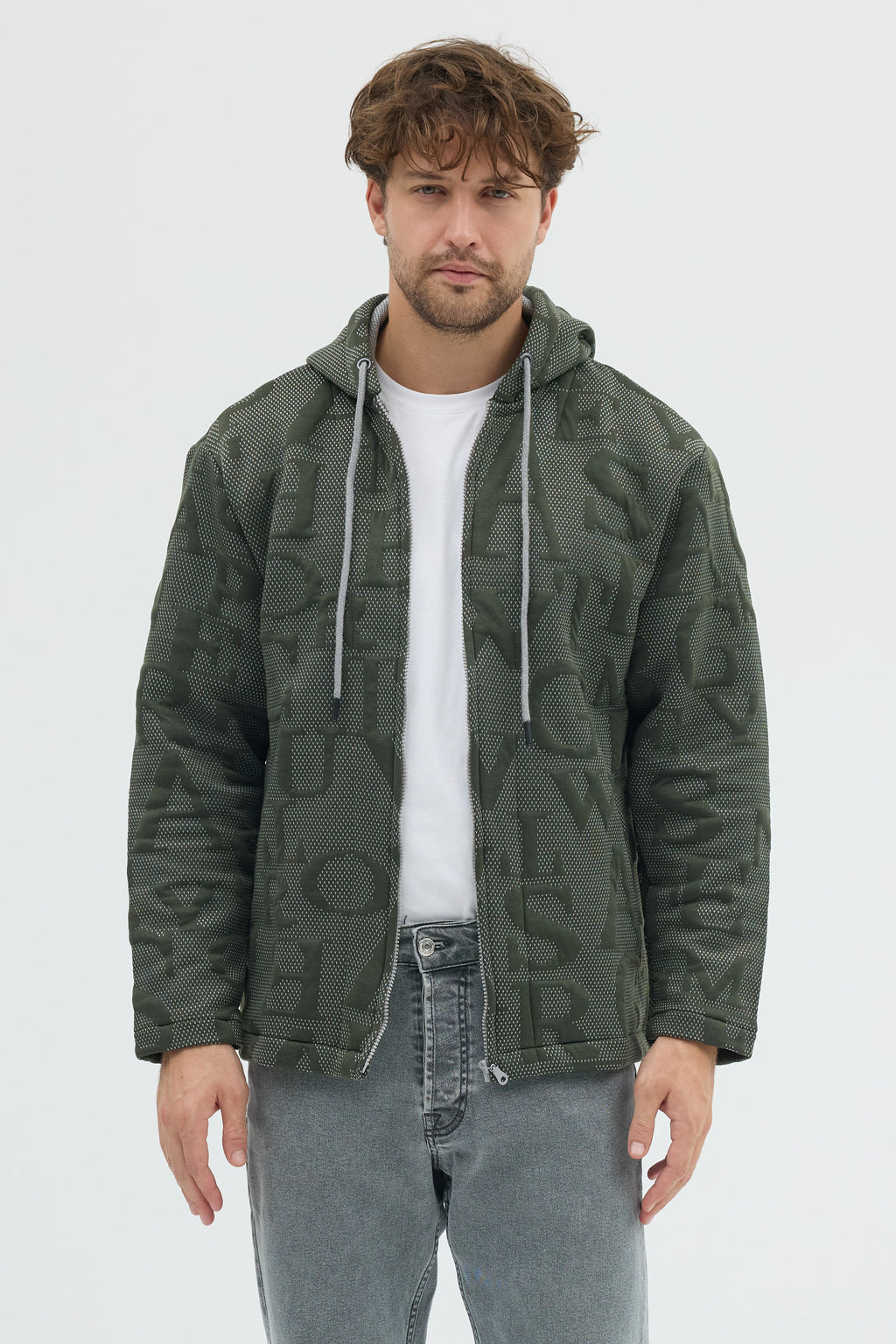 Steppe Rider Erkek Oversize Kalın Örme Fermuarlı Kapüşonlu Harf Desenli Örme Ceket Overshirt