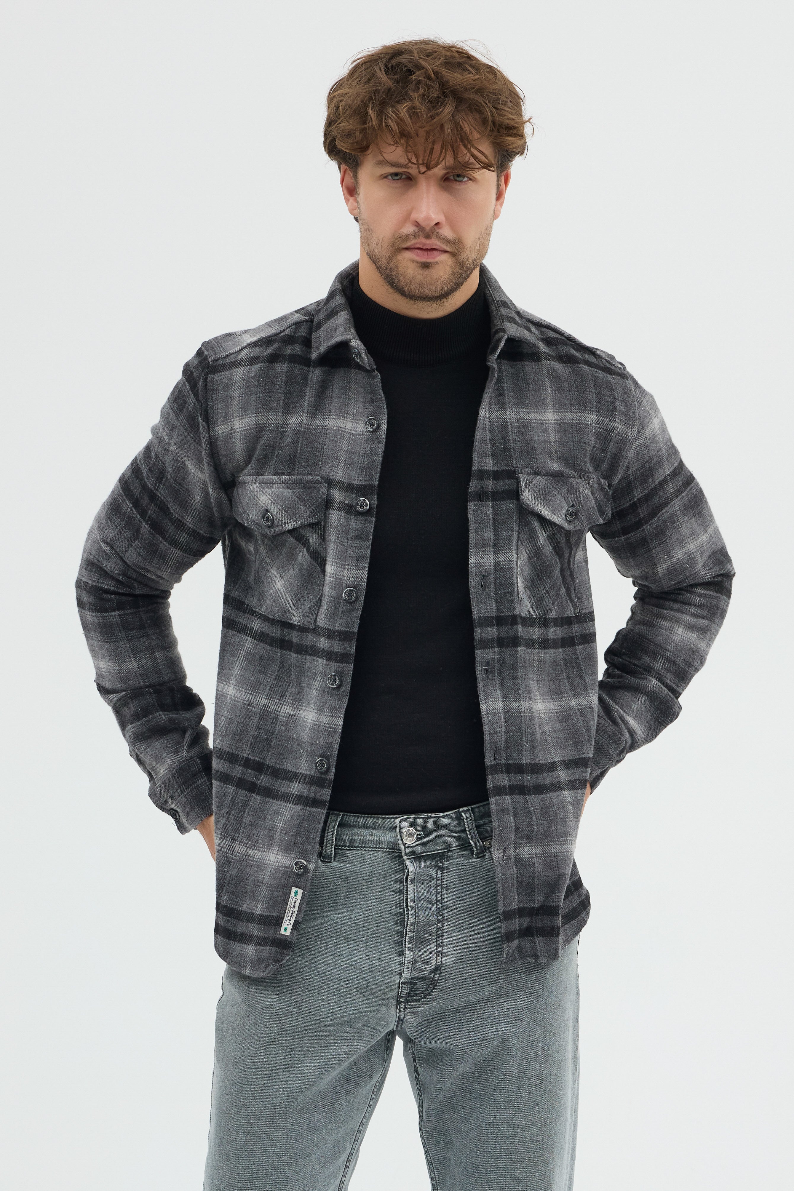 Cosplay Erkek Kalın Flanel Oduncu Kareli Gömlek Ceket Çift Kapaklı Cepli Overshirt